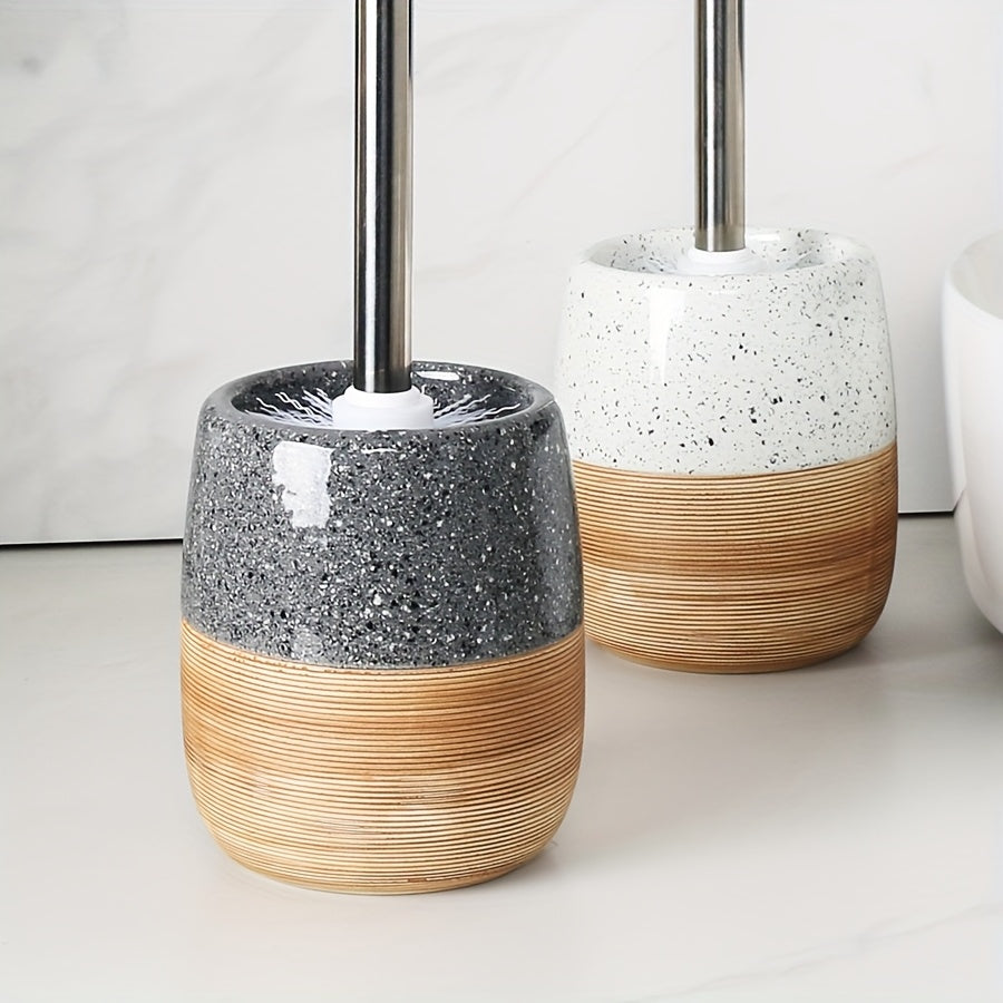 Elegant toalettrengöringsborstsats i keramik med trälook och rostfritt stål