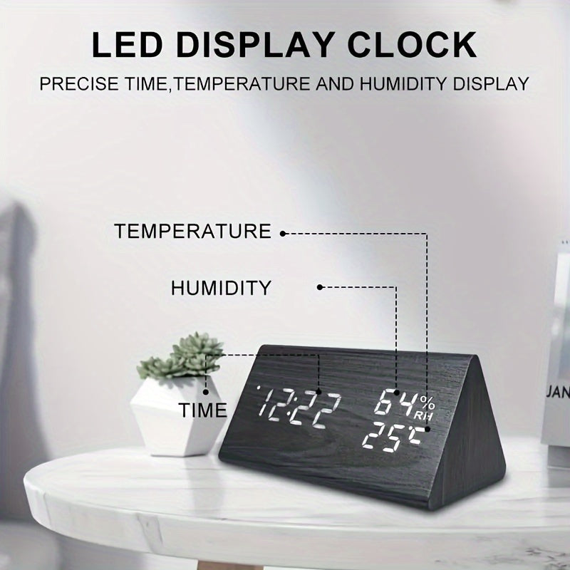 Elegant LED Trä Väckarklocka med Temperatur- och Fuktighetsmätare