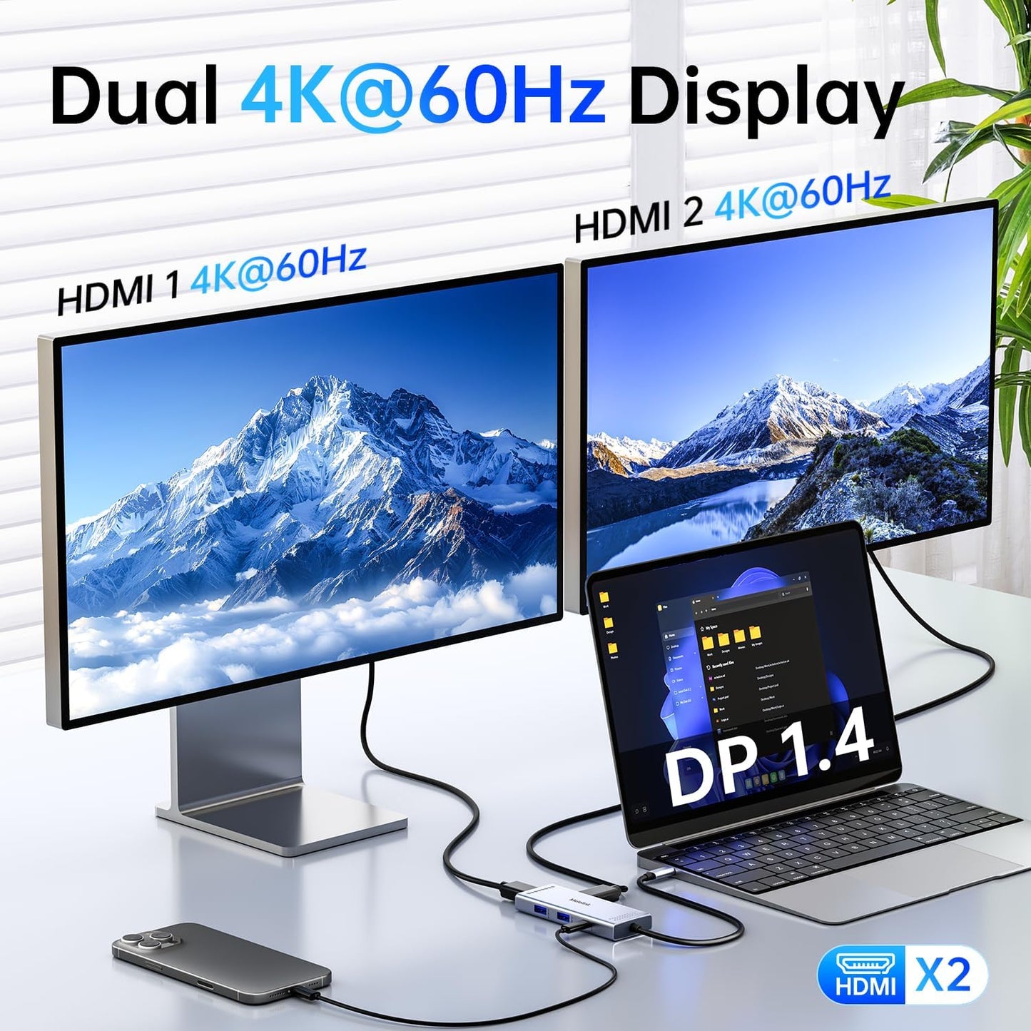 USB-C dockningsstation för dubbla 4K-skärmar med snabbladdning