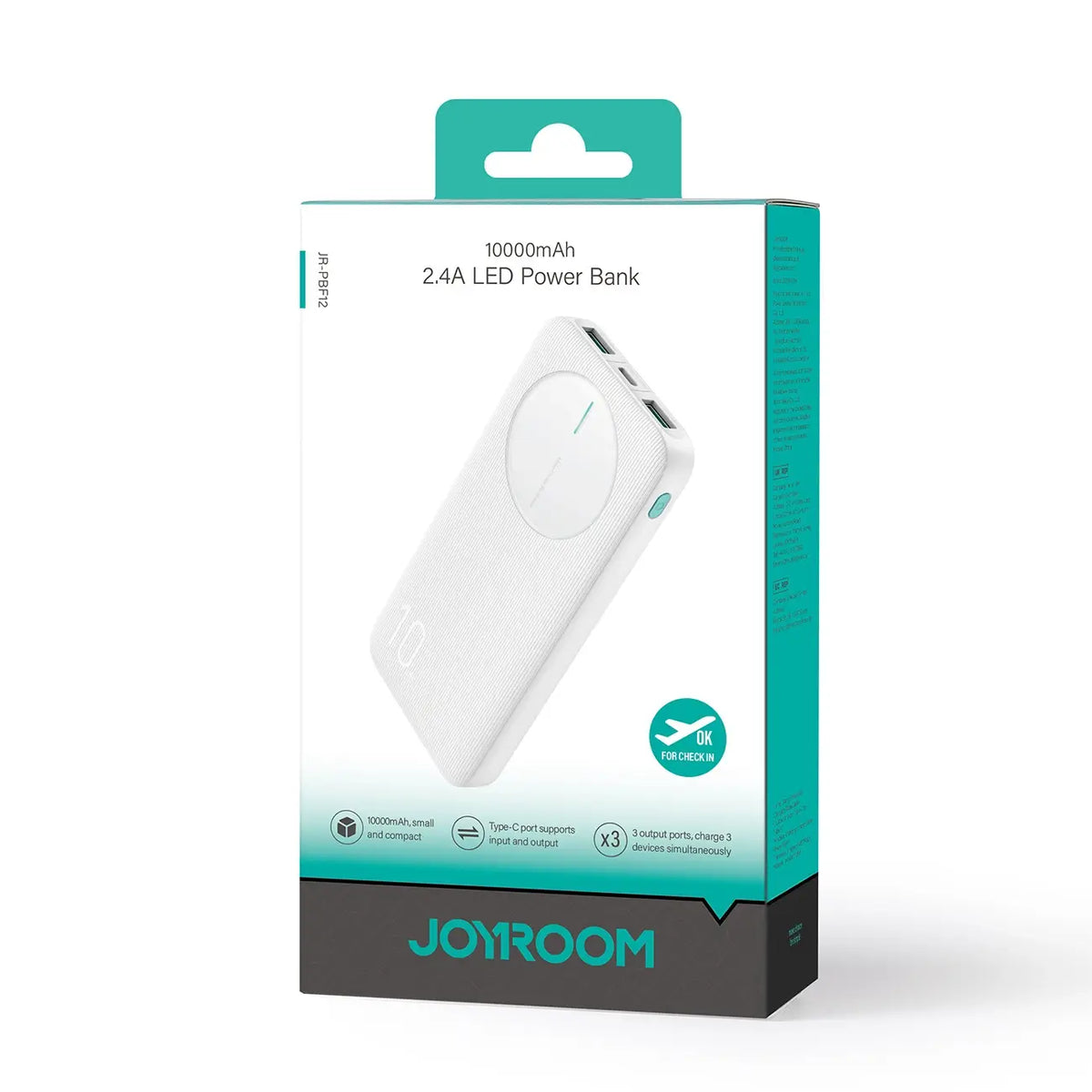 10.000 mAh Powerbank med 12 W oplader, 2 USB-A, USB-C og LED-display