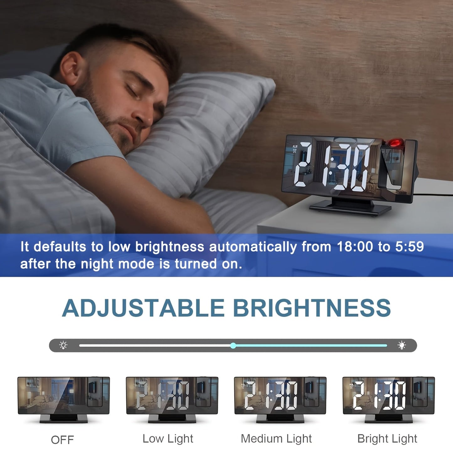 Vækkeur med justerbar 180° LED-projektion – Klar skærm og snooze-funktion til soveværelse eller kontor