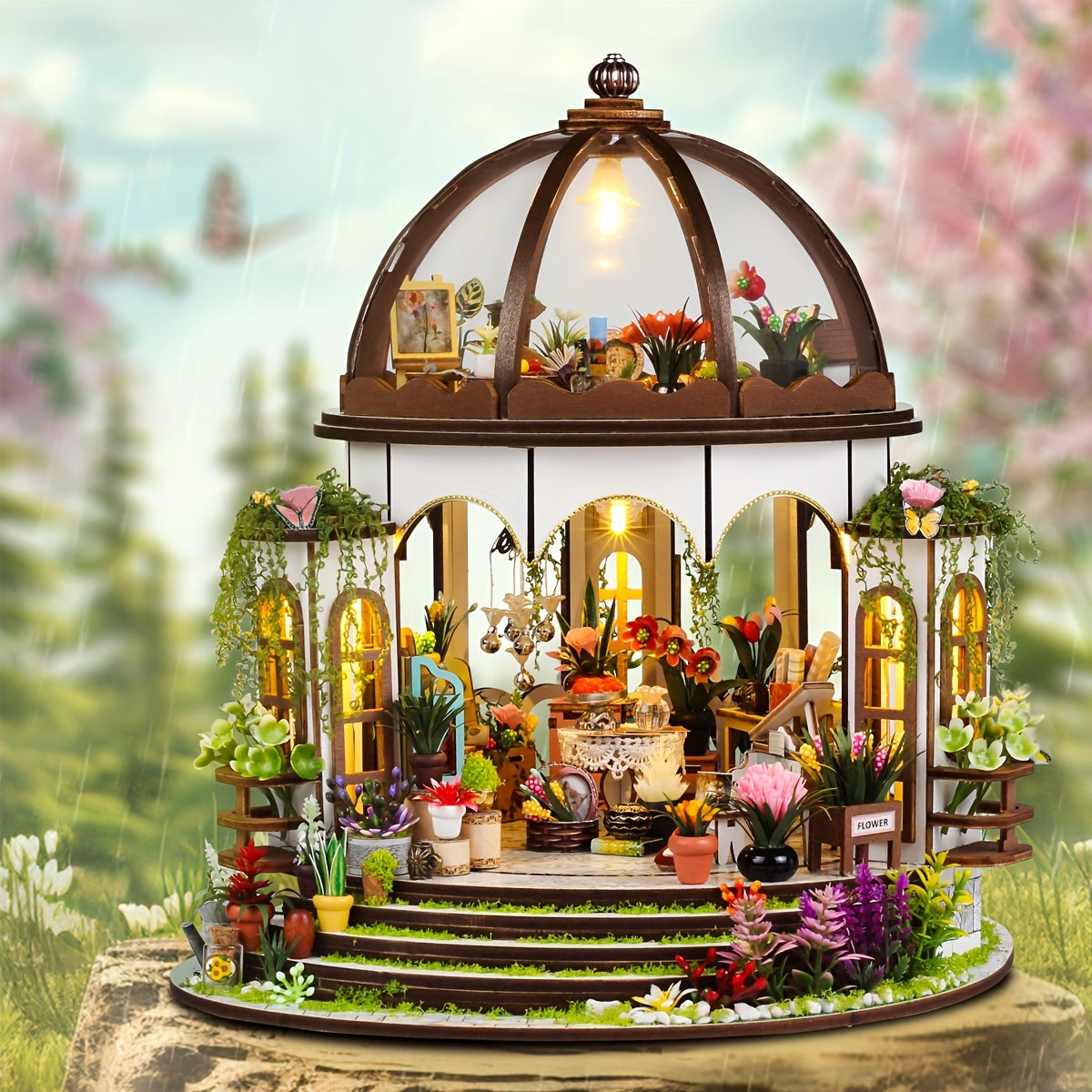 Miniatyphus med blommor – 3D Träpussel med LED-belysning och detaljerad trädgård