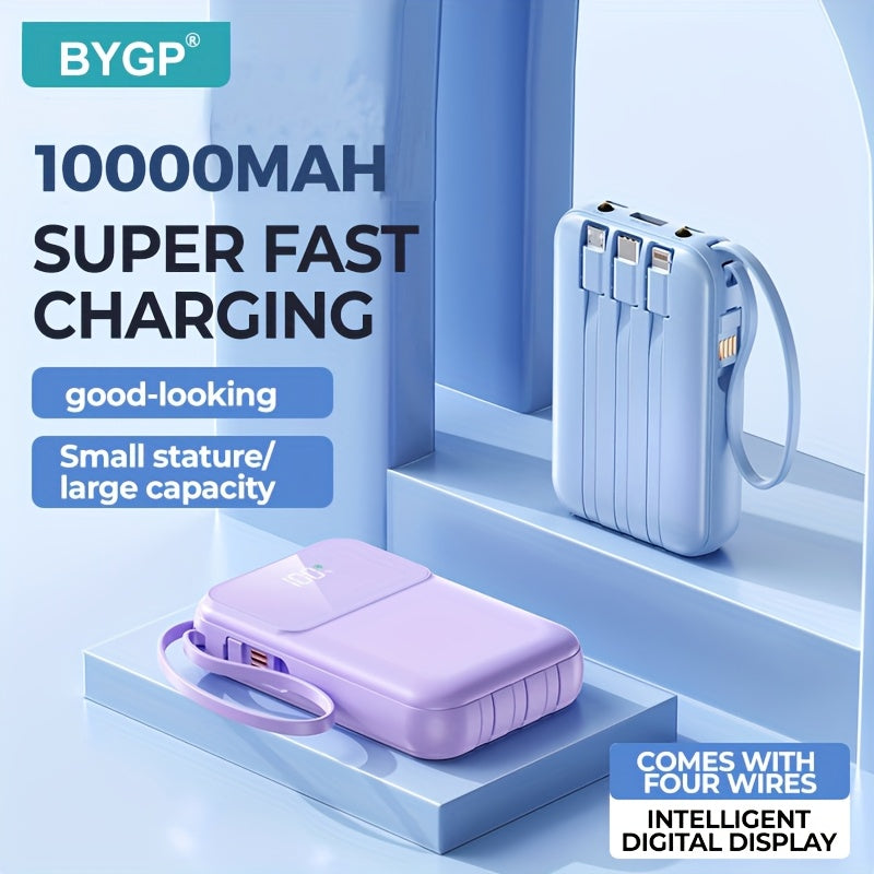 Bärbar Powerbank 10000mAh - Snabbladdning med Integrerade Kablar