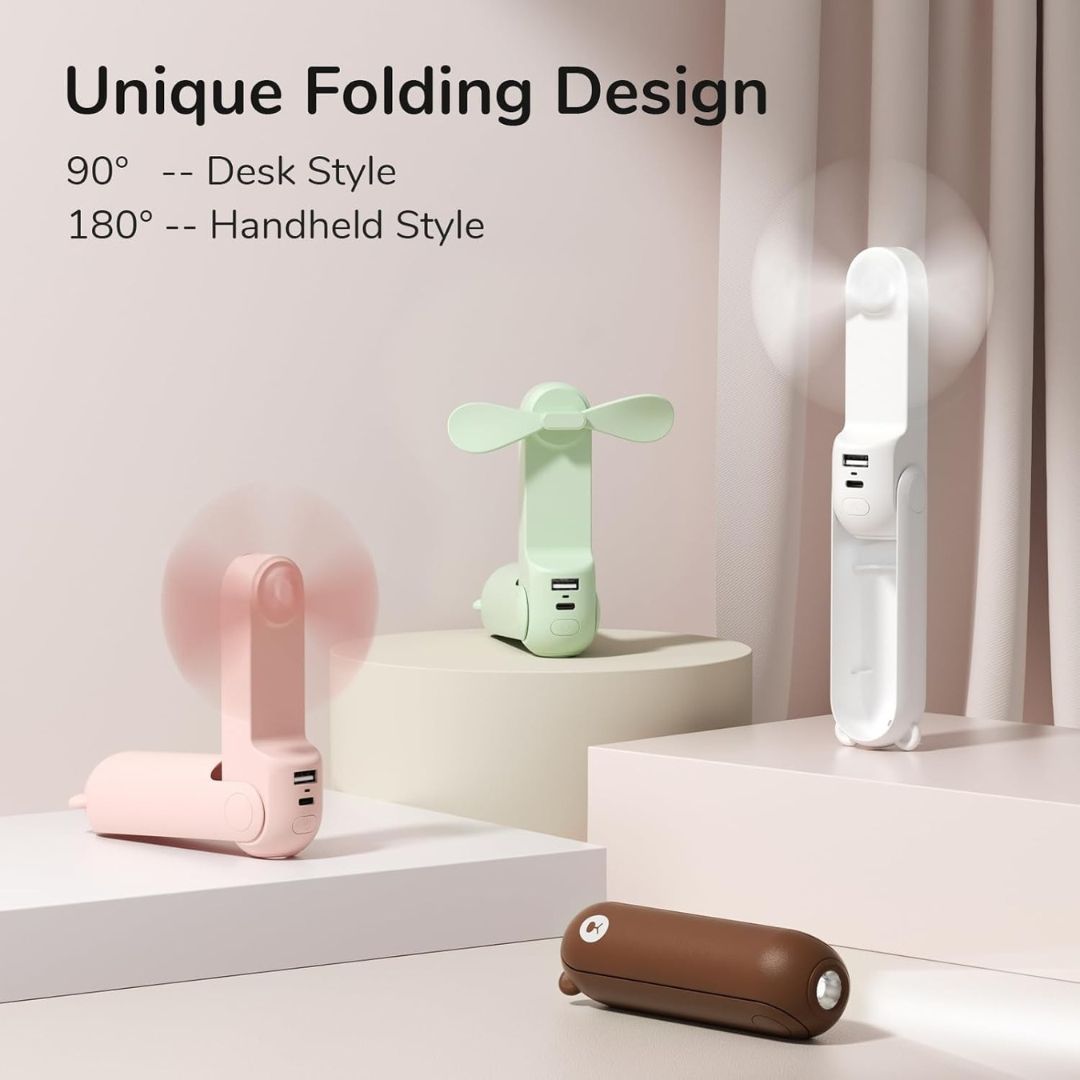 3 i 1 Håndholdt Mini Vifte | USB Opladelig, Sammenklappelig Design & Ideel til Rejser, Camping og Udendørs Aktiviteter
