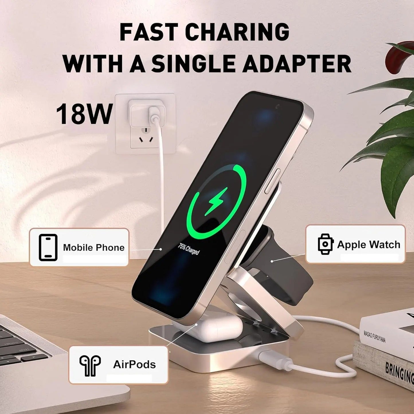 3-i-1 Hurtig Magnetisk Trådløs Oplader til iPhone, AirPods & Apple Watch