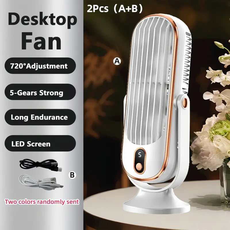 Bærbar klimaanlæg med dobbelt motor, 5 hastigheder, 720° rotation og USB-opladning