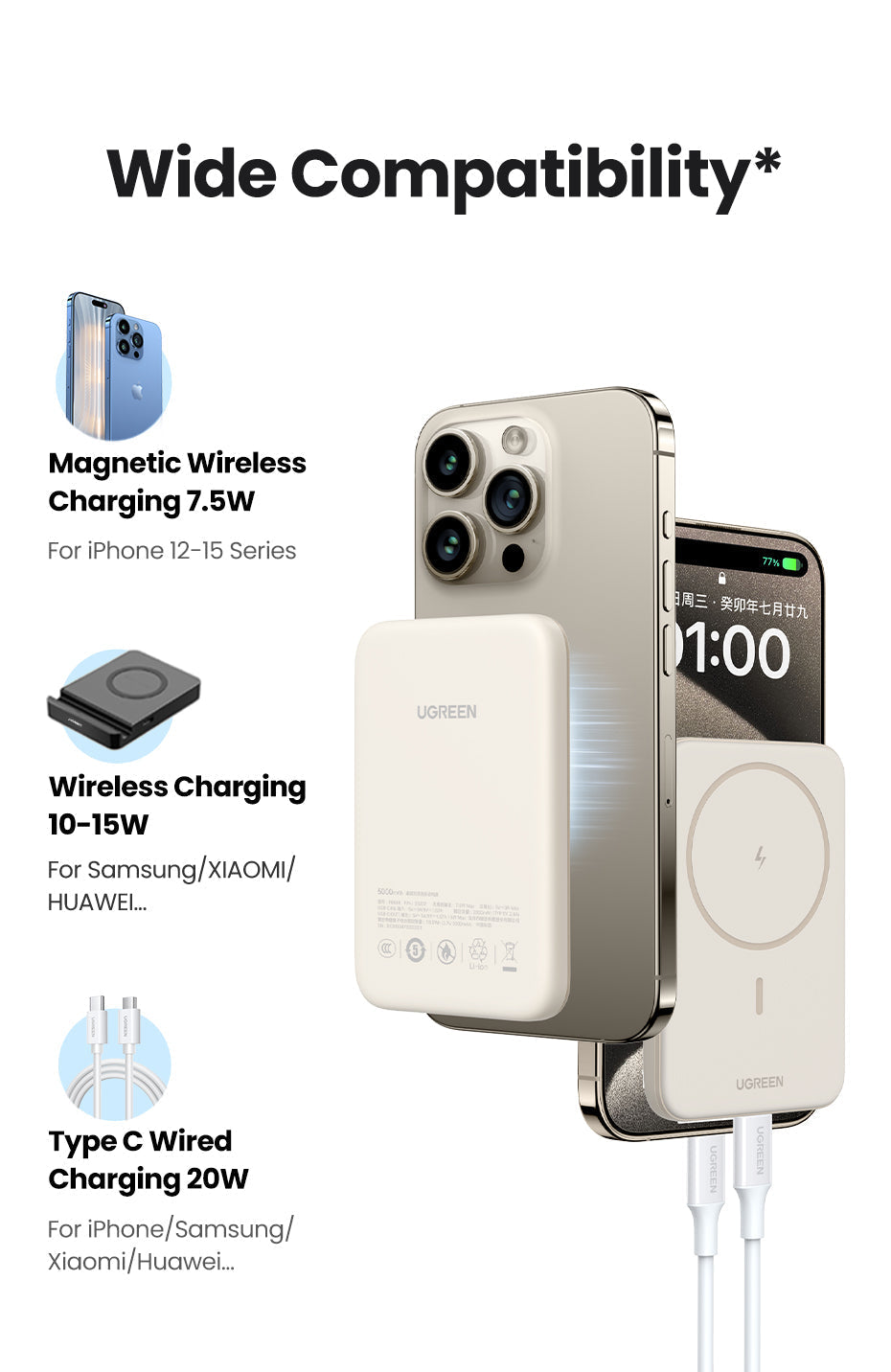 Trådlös 20W snabbladdare med USB-C och MagSafe – Magnetisk powerbank 10 000 mAh