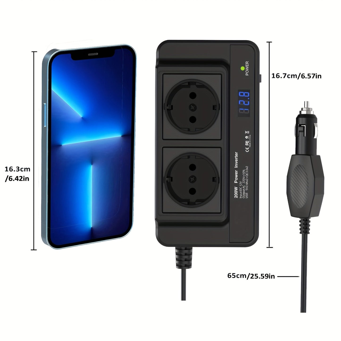 Kompakt 200W Bil Inverter – Dubbla Uttag och Fyra USB-portar