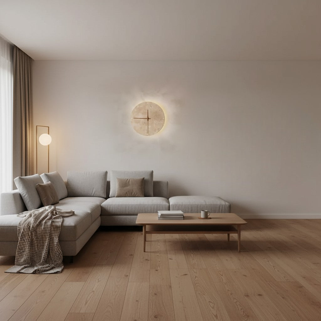 Elegant LED-väggklocka i marmor med energieffektiv belysning