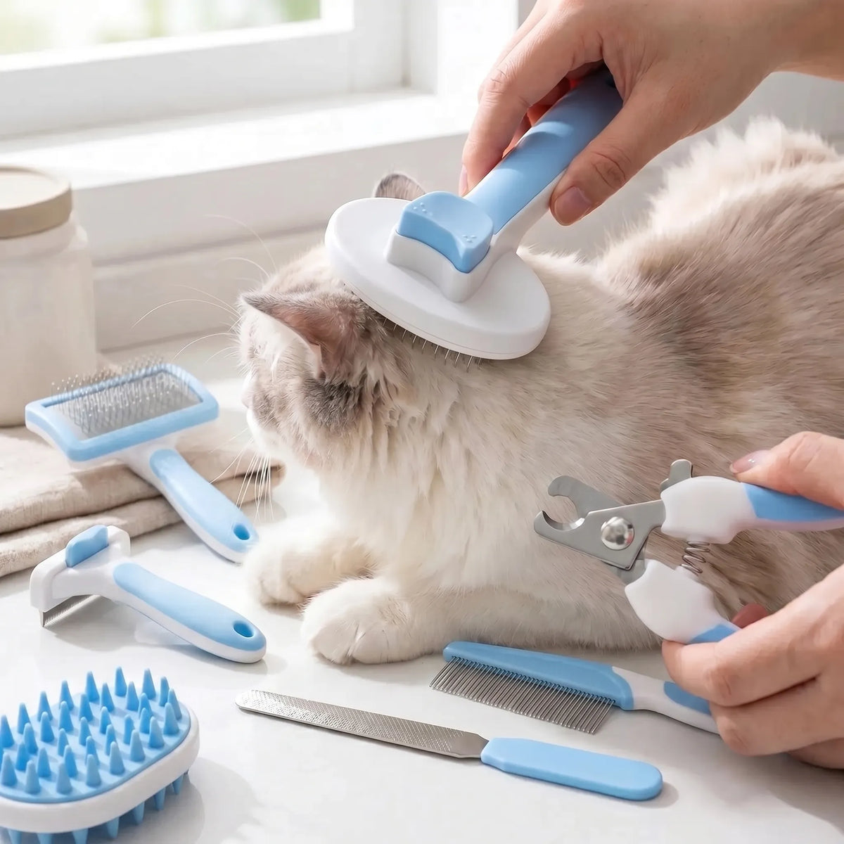 Acht-delt sæt til pleje af katte