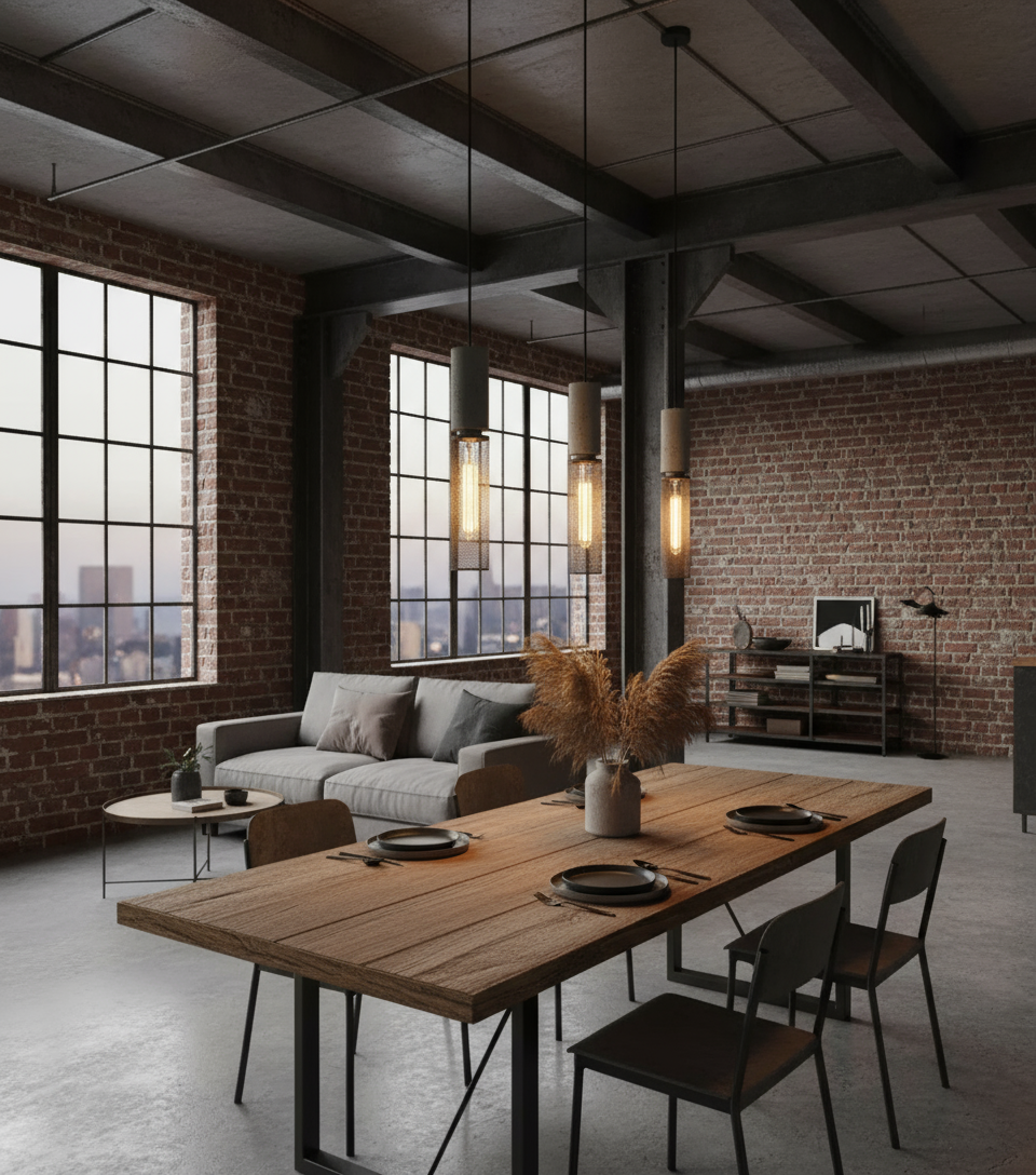 Industriell LED Pendellampa i Betong & Järn