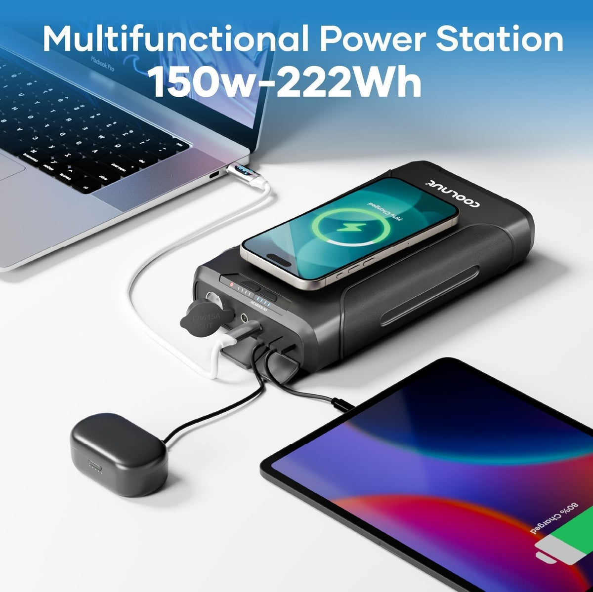 Bærbar strømforsyning – 150 W, 222 Wh kapacitet, 60.000 mAh til camping