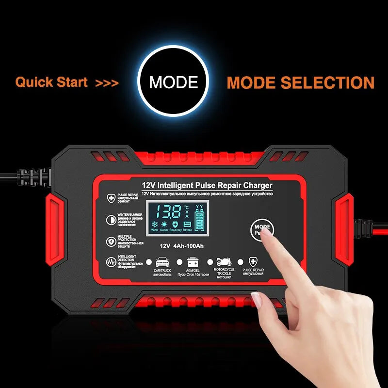 12V 6A Smart Billader til Bilbatteri | Pulsreparation, LCD-display & Hurtig opladning til AGM, Gel & Blysyre Batterier