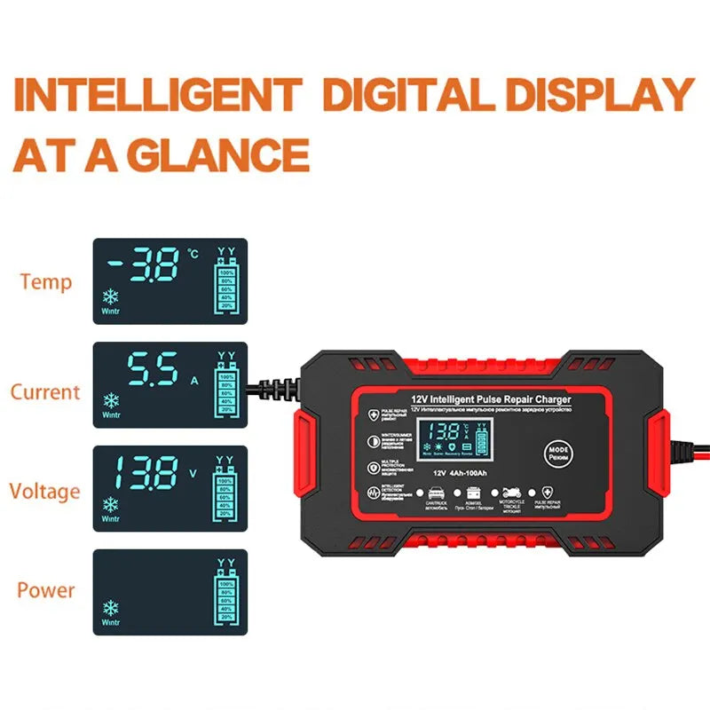 12V 6A Smart Billader til Bilbatteri | Pulsreparation, LCD-display & Hurtig opladning til AGM, Gel & Blysyre Batterier