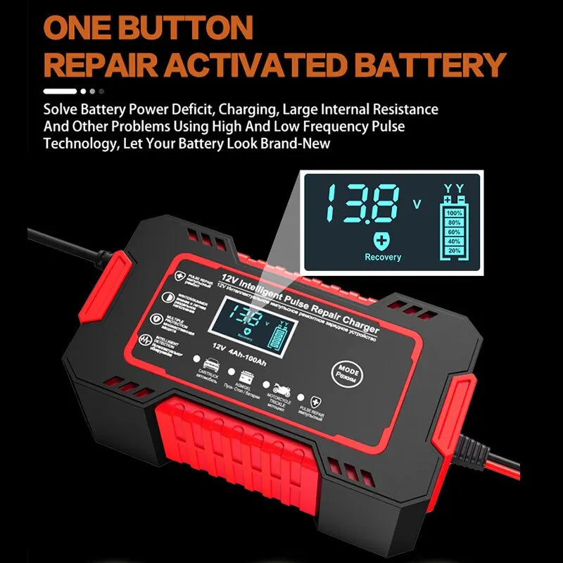 12V 6A Smart Billader til Bilbatteri | Pulsreparation, LCD-display & Hurtig opladning til AGM, Gel & Blysyre Batterier