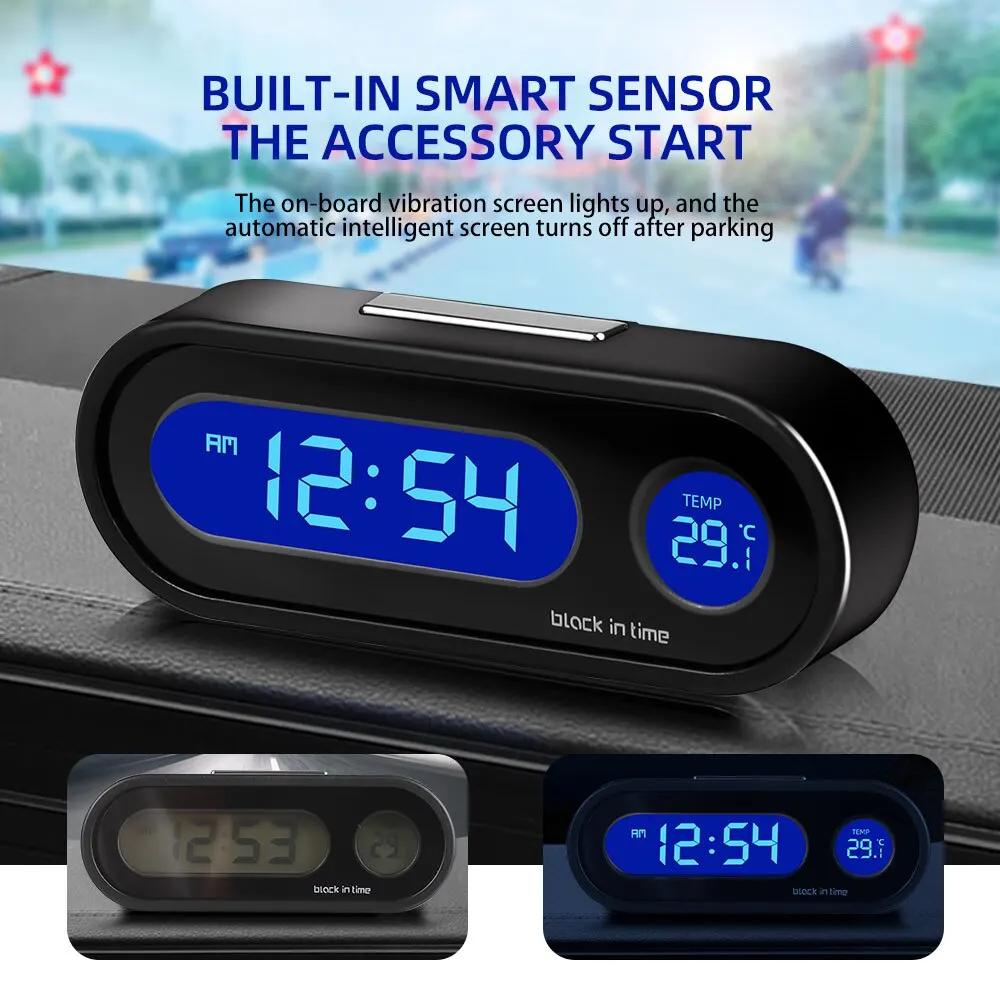 Kompakt bilklocka med LCD-display och temperaturmätare