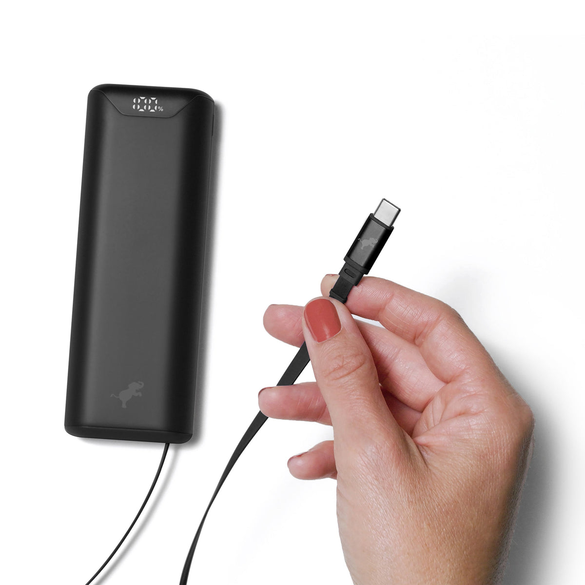 Kompakt USB-C Powerbank med 10.000 mAh og indbygget ladekabel