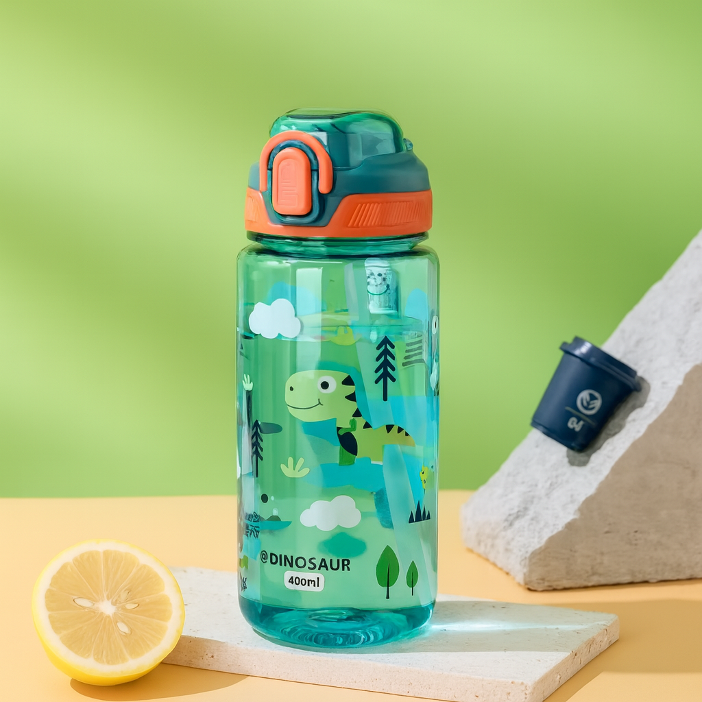 Dinosaurflaska för Barn - 600 ml med Sugrör och Tätt Lock