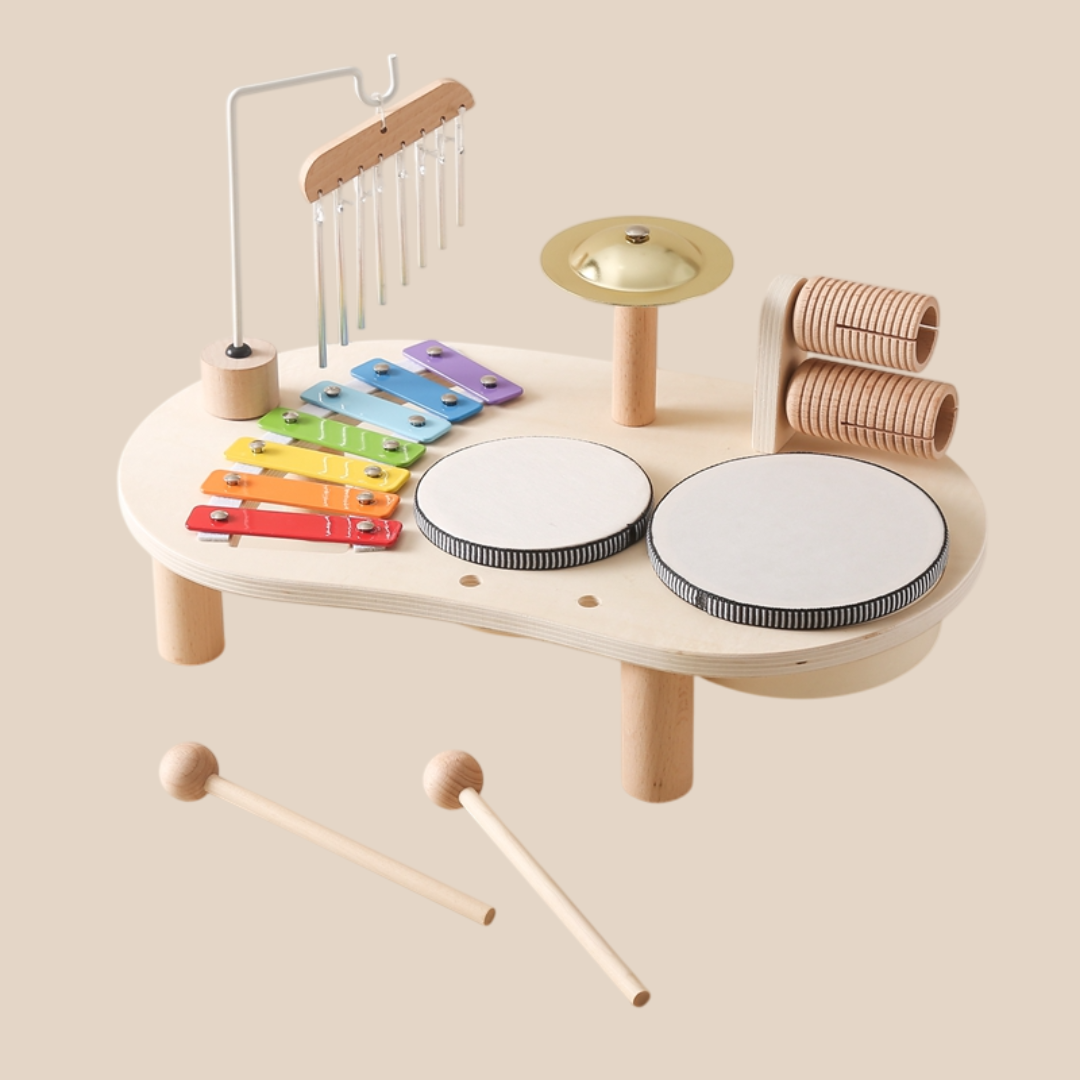 Musikbord i trä för barn – Xylofon och trumset