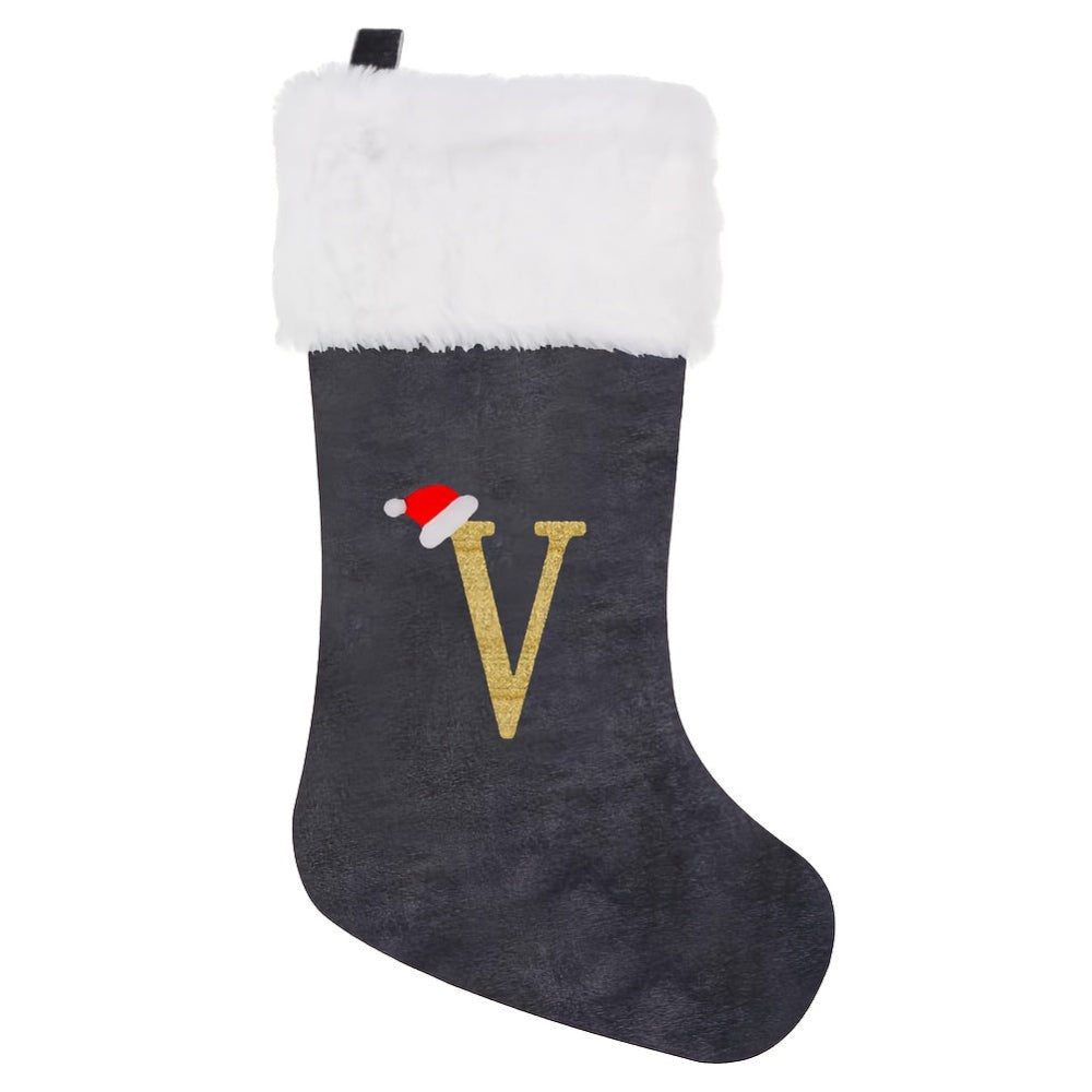 Grå sammet julstrumpa med monogram bokstav – Dekoration