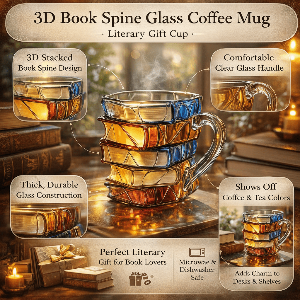Kaffekrus i Glas med 3D Bogdesign - Perfekt til Bogelskere