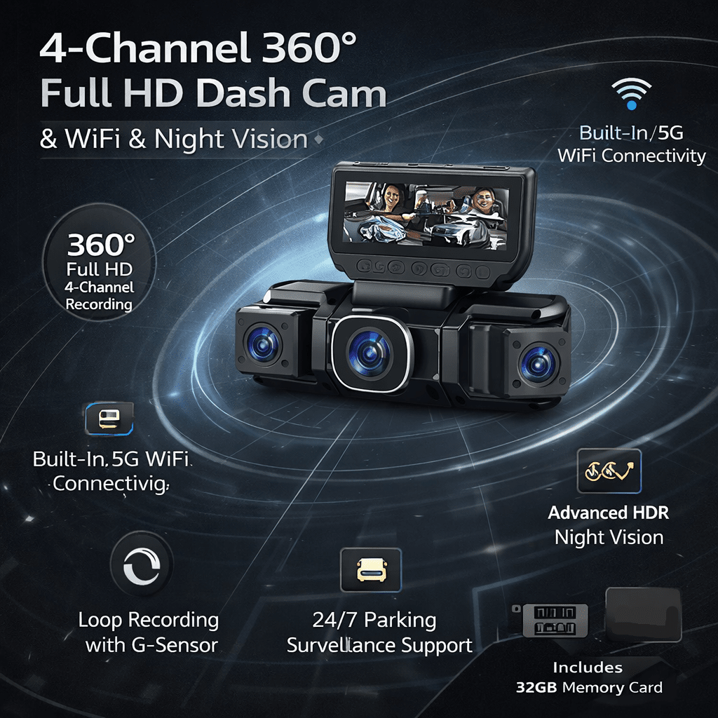 360° Bilkamera med 4 Kanaler och WiFi - Klarhet Dag och Natt