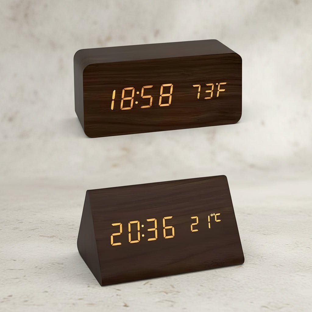 Trä Digital Väckarklocka med Justerbar LED-Skärm – Snygg Design