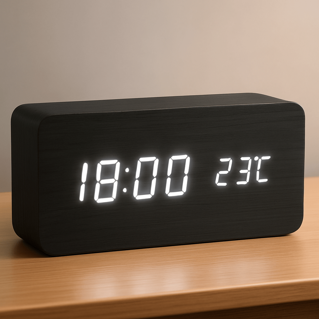 Trä Digital Väckarklocka med Justerbar LED-Skärm – Snygg Design