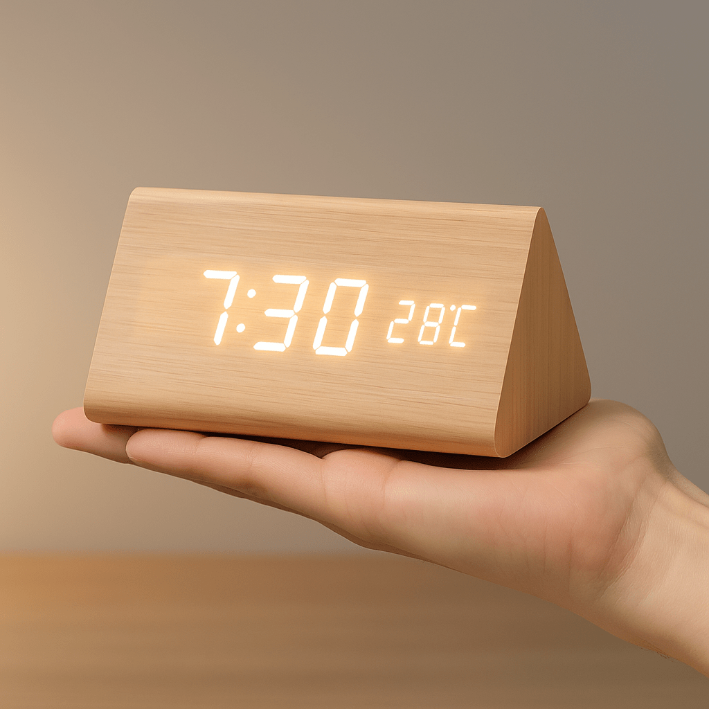Trä Digital Väckarklocka med Justerbar LED-Skärm – Snygg Design