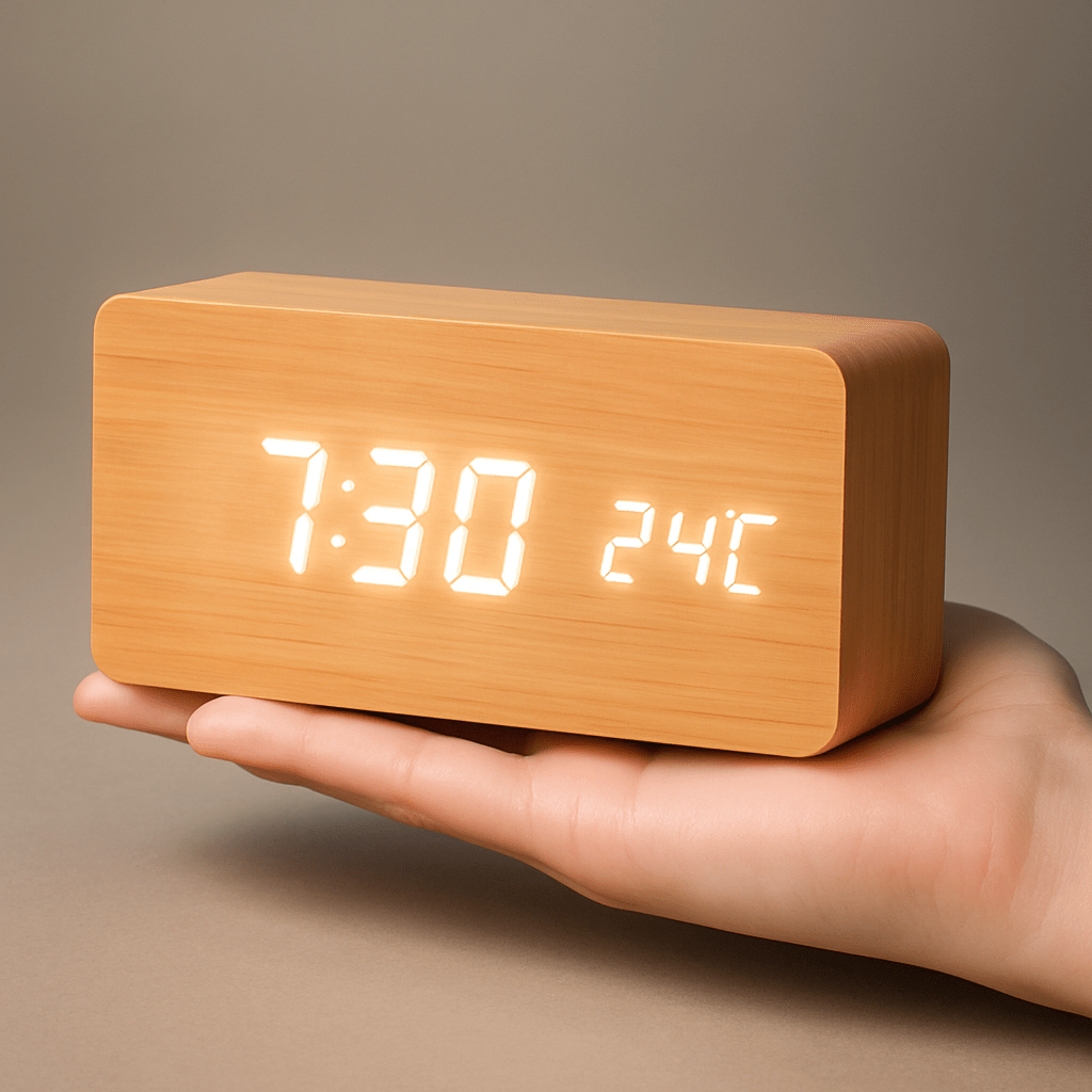 Trä Digital Väckarklocka med Justerbar LED-Skärm – Snygg Design