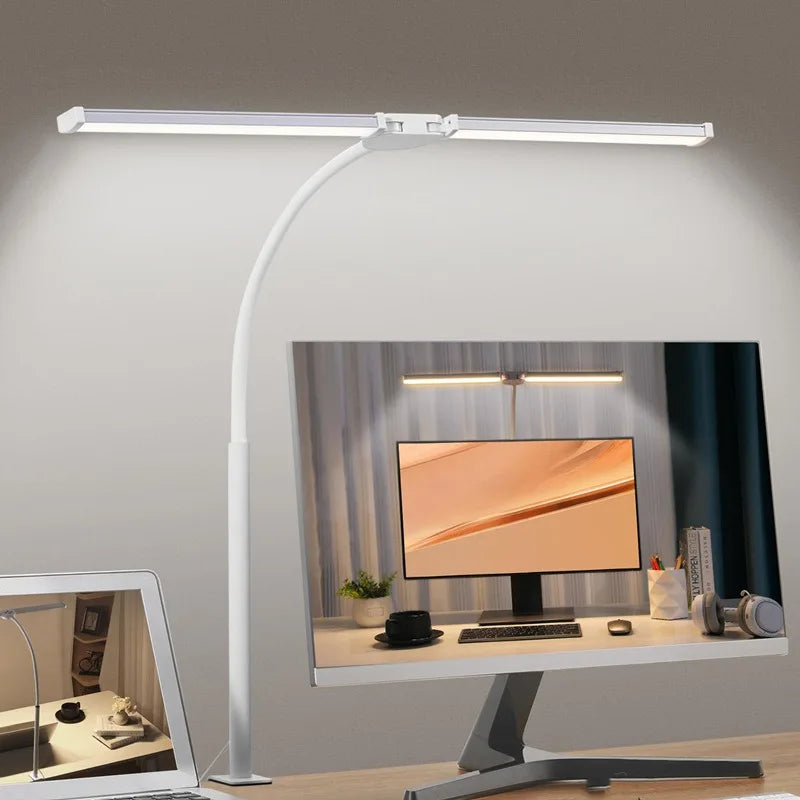 Flexibel LED-skrivbordslampa med dubbelt huvud och dimning