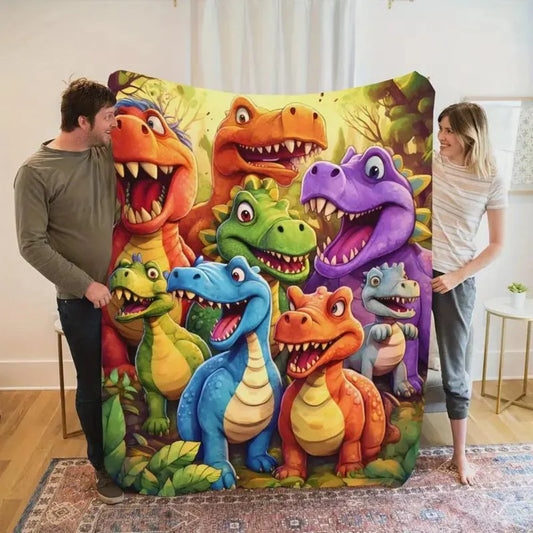 Mjuk barnpläd med dinosaurietyck – Färgstarkt mys