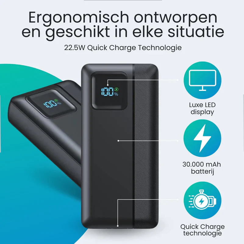 Kraftfull Powerbank 30000 mAh med LED-skärm och flera anslutningar