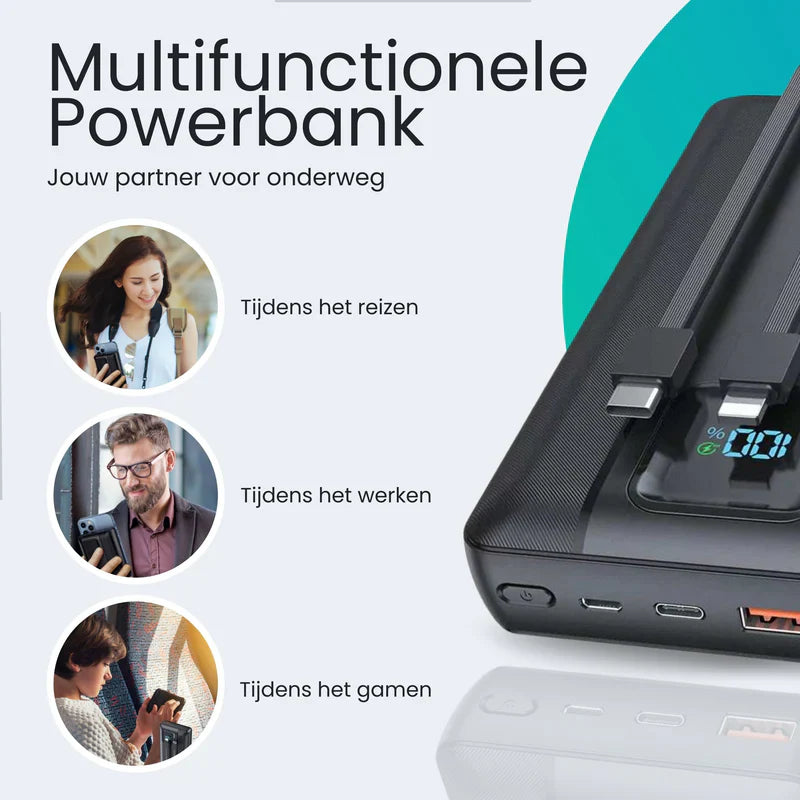 Kraftfull Powerbank 30000 mAh med LED-skärm och flera anslutningar