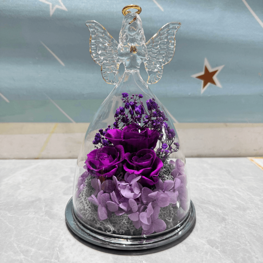 Evighedsrose i Glaskuppel med Engelfigur og LED Lys