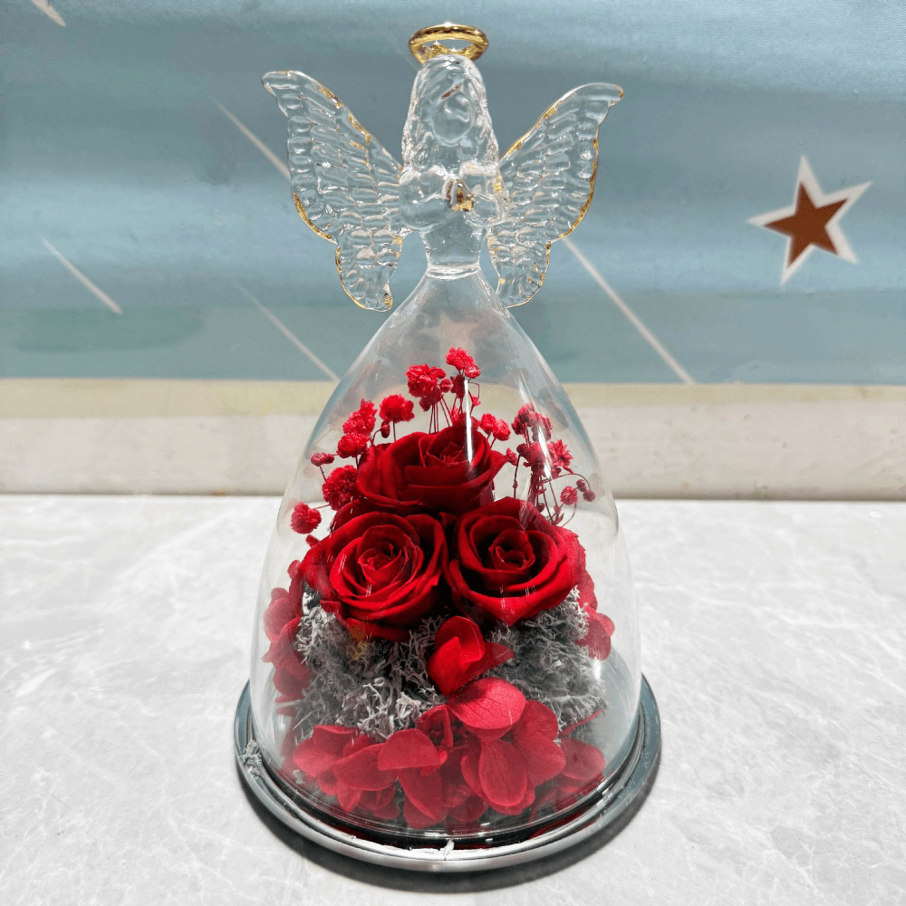 Evighedsrose i Glaskuppel med Engelfigur og LED Lys