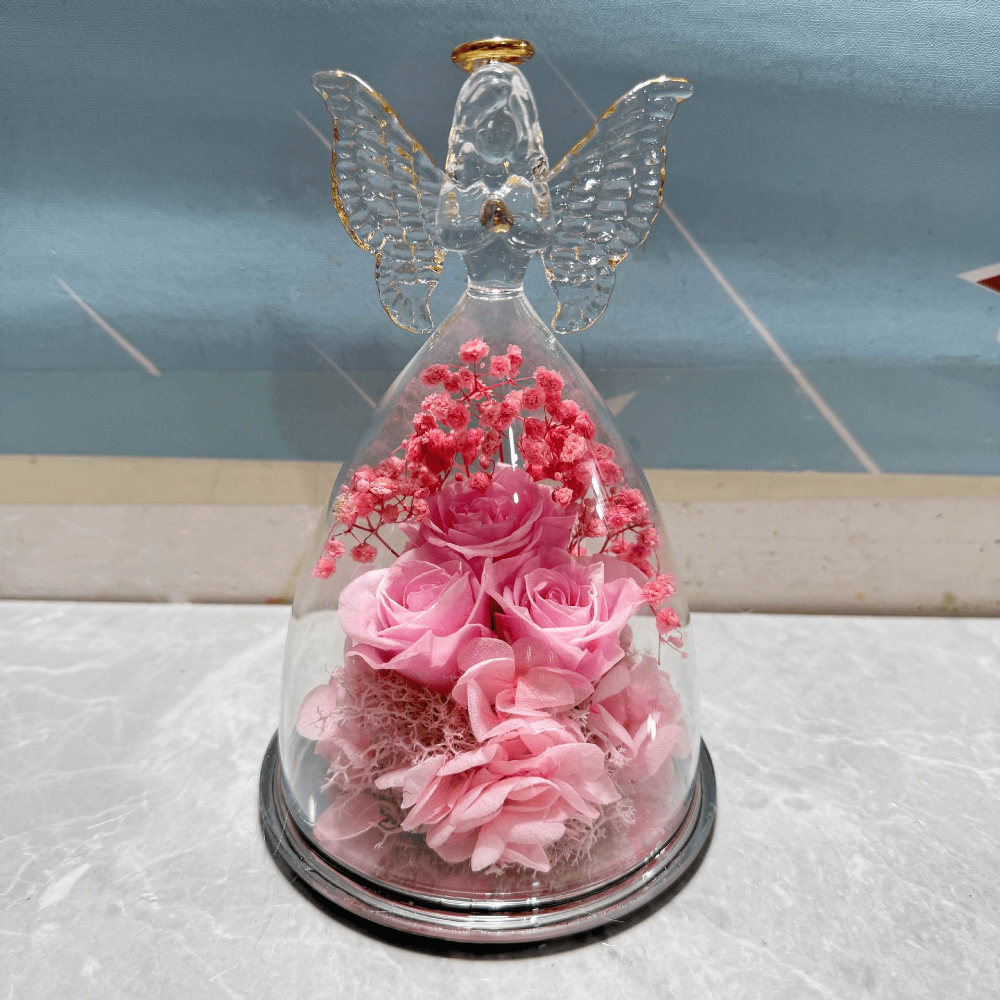 Evighedsrose i Glaskuppel med Engelfigur og LED Lys