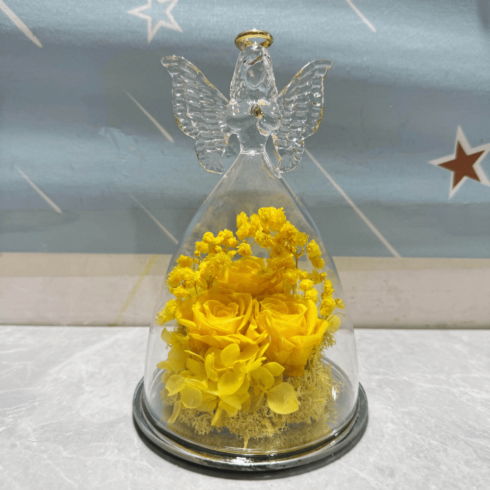 Evighedsrose i Glaskuppel med Engelfigur og LED Lys