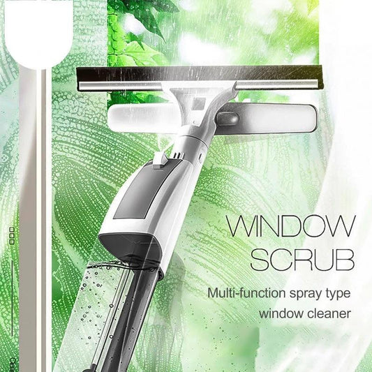 Glasrengörare med vattenspray och långt aluminiumhandtag, borste och trasa i ett