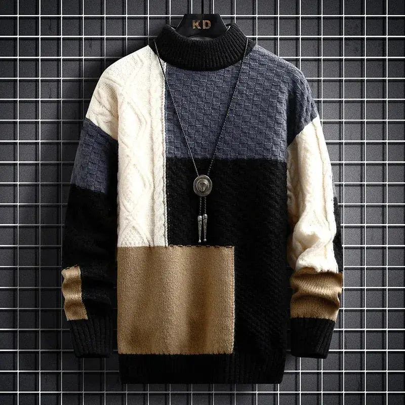 Herresweater i Strik med Løs Pasform og Moderne Patchwork