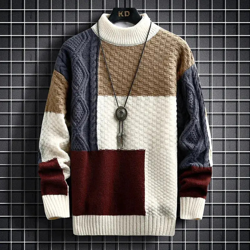 Herresweater i Strik med Løs Pasform og Moderne Patchwork
