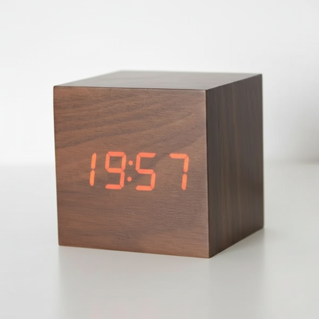 Digital bordsklocka i trälook med minimalistisk design
