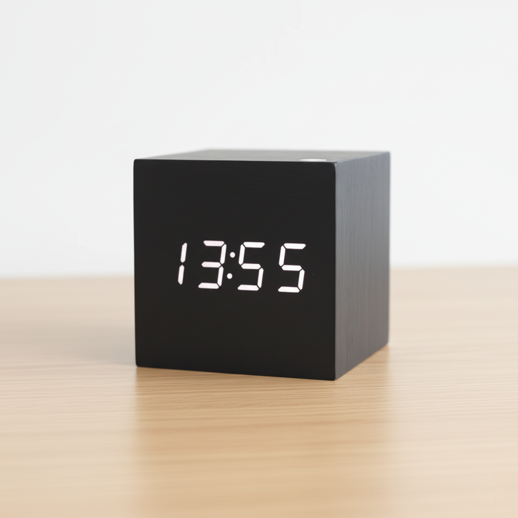 Digital bordsklocka i trälook med minimalistisk design