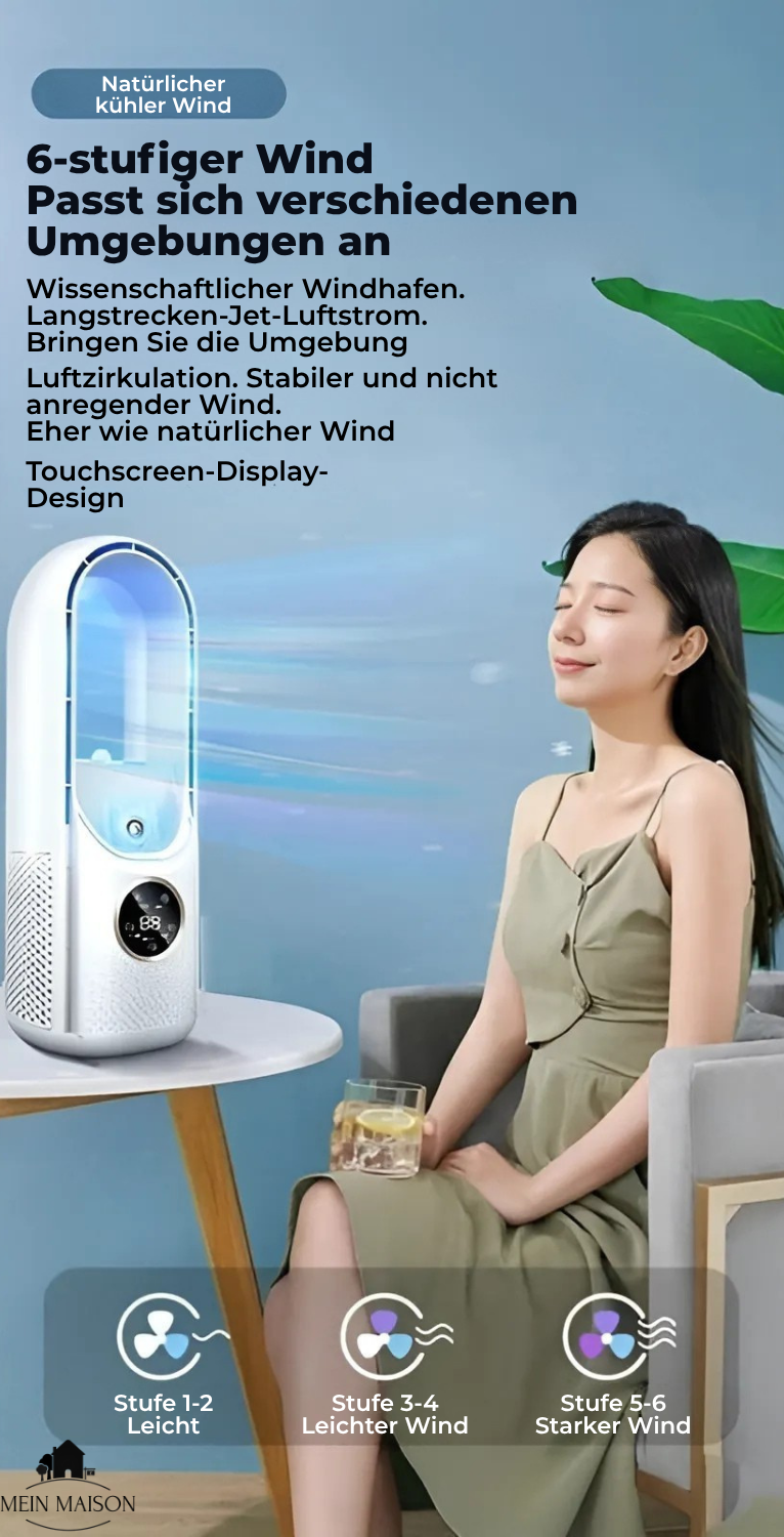 Smart AirCooler | Bærbar Ventilator Uden Blade | 6 Hastigheder | Støjsvag & Timer | Luftfugter