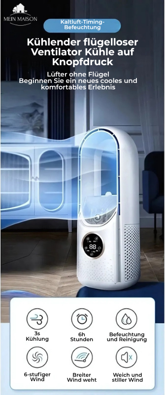 Smart AirCooler | Bærbar Ventilator Uden Blade | 6 Hastigheder | Støjsvag & Timer | Luftfugter