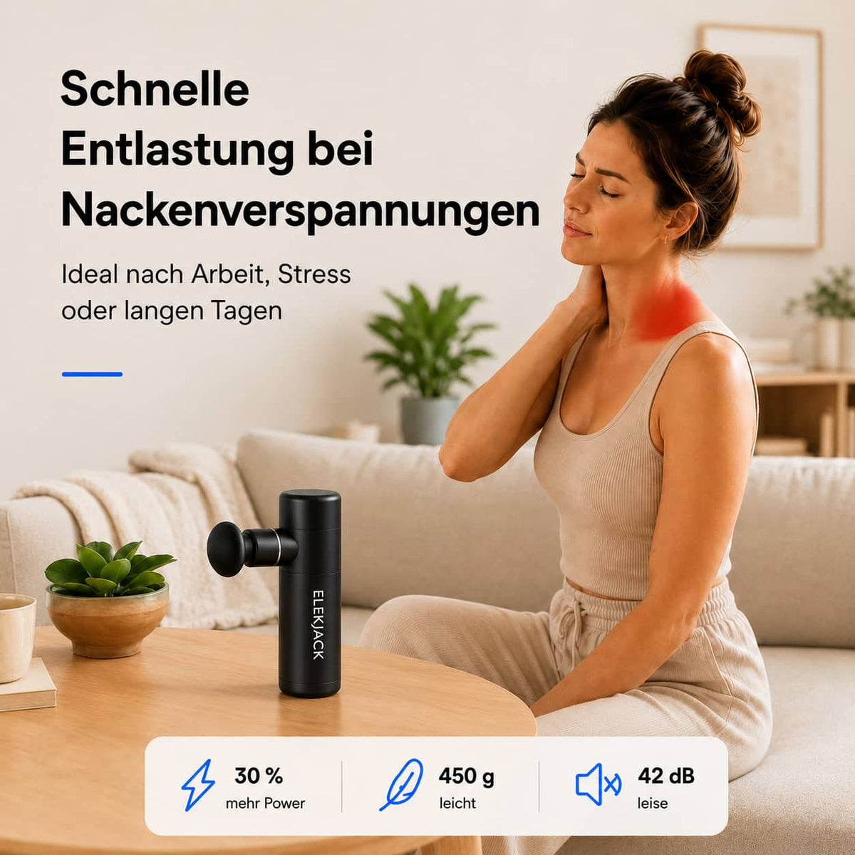 Kompakt Muskelmassageapparat med 4 vedhæftninger og 4 intensitetsniveauer