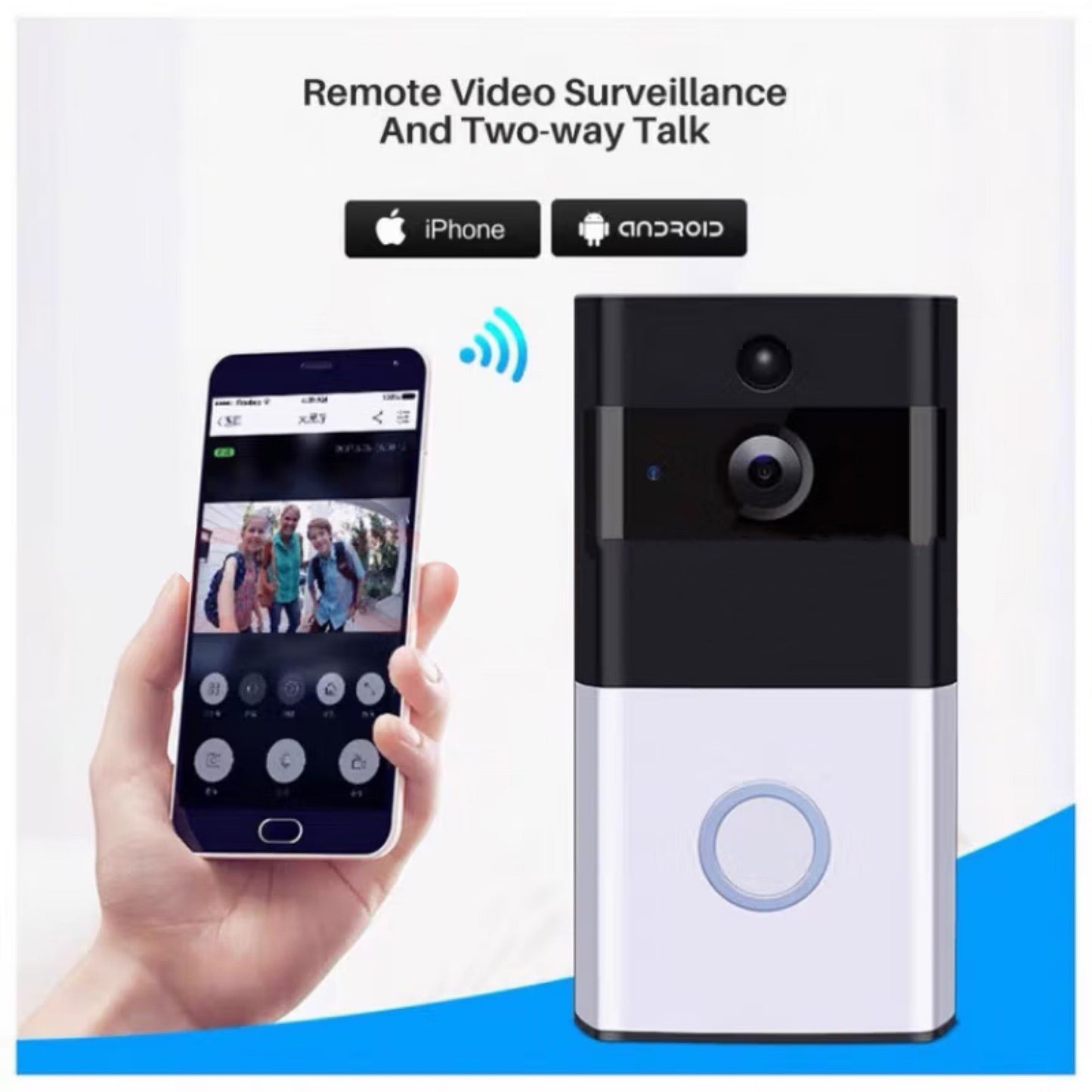 Trådlös video-dörrklocka med kamera, Wi-Fi, tvåvägsljud och rörelsedetektering