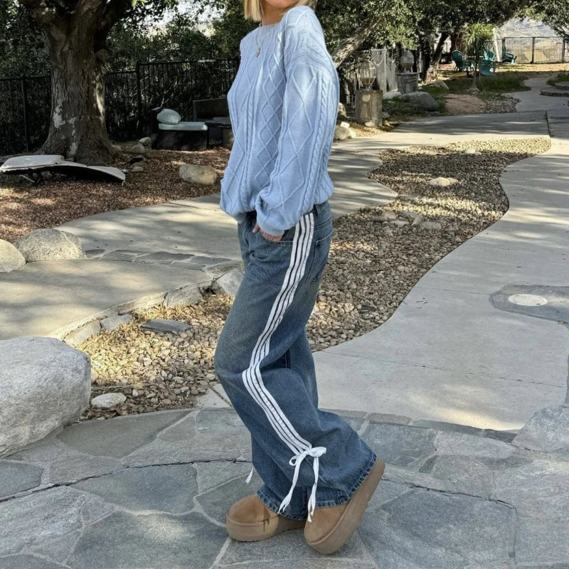 Baggy Efterårsjeans med Striber og Snører