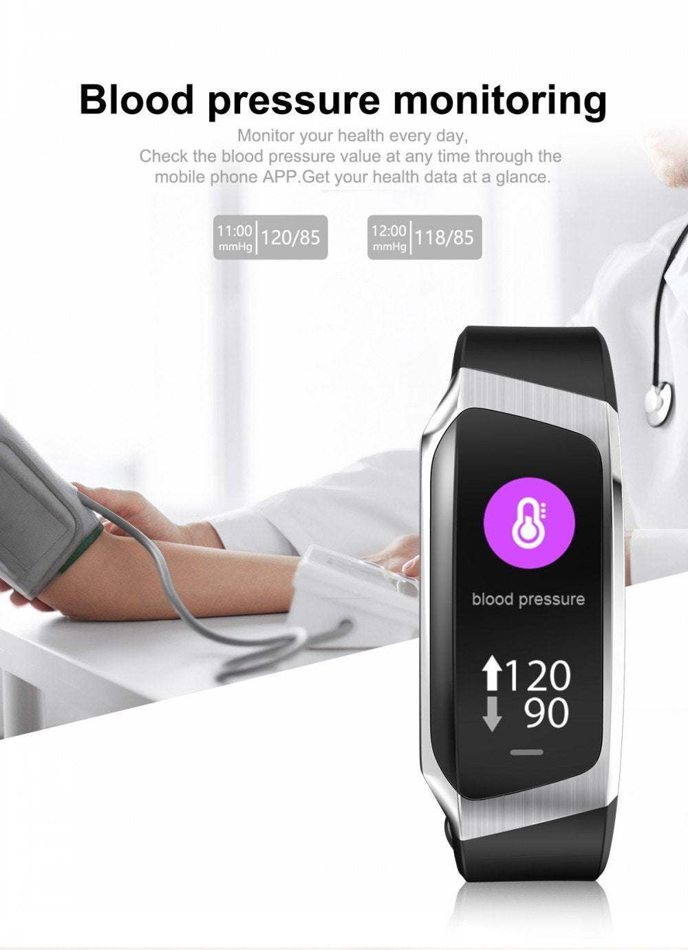 Fitband Smartwatch med Vattentålighet, Puls, Blodtryck och Syrenivåmätare