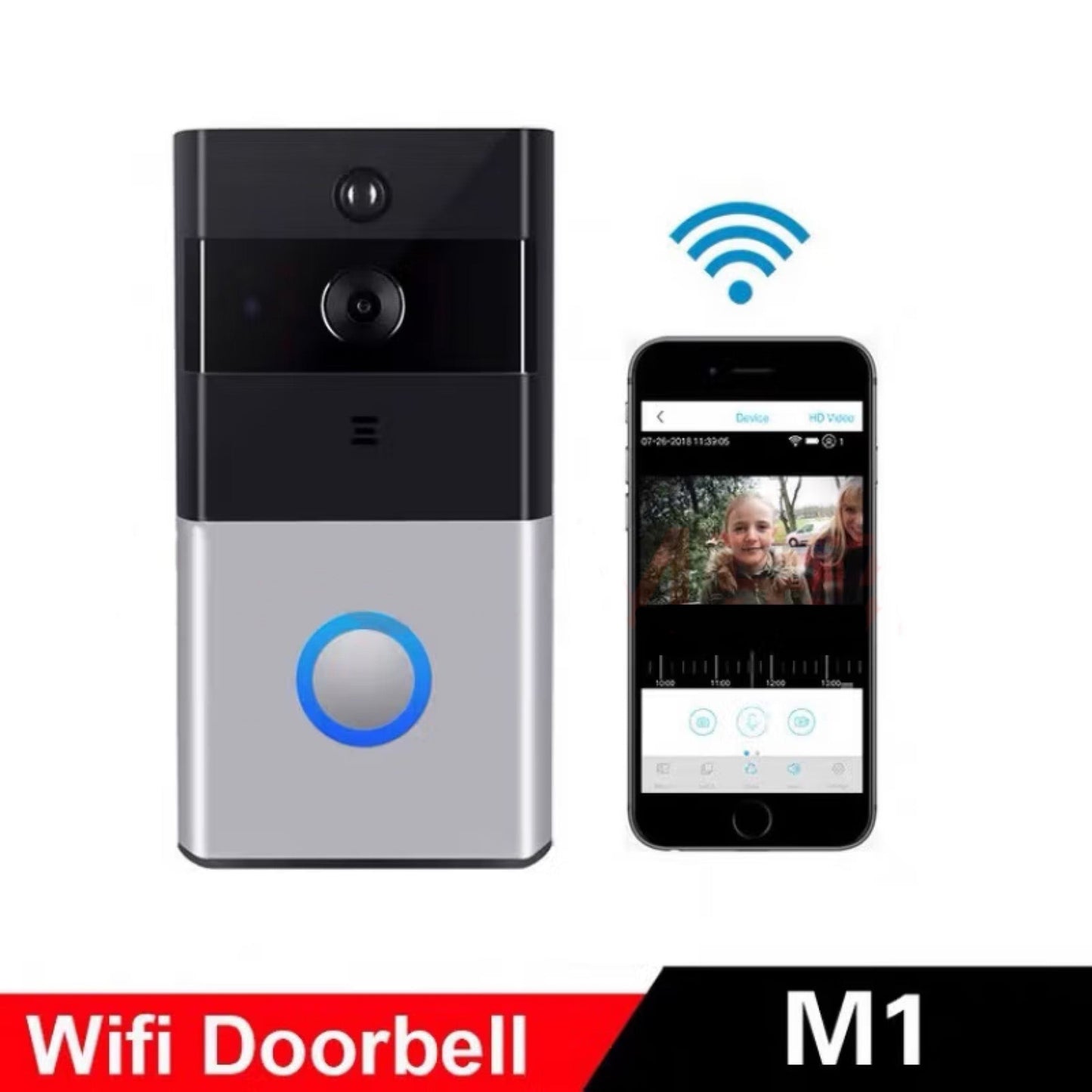 Trådlös video-dörrklocka med kamera, Wi-Fi, tvåvägsljud och rörelsedetektering